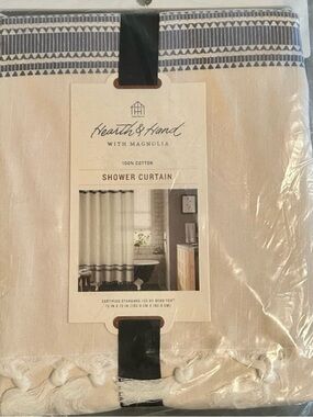 Hearth & Hand Cream Cotton Fringe Shower Curtain with Navy Geometric Border